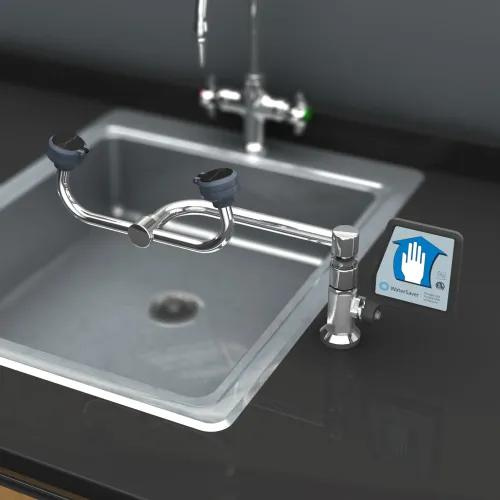 Eyewash - Eyewash mounts on counter next to a sink.