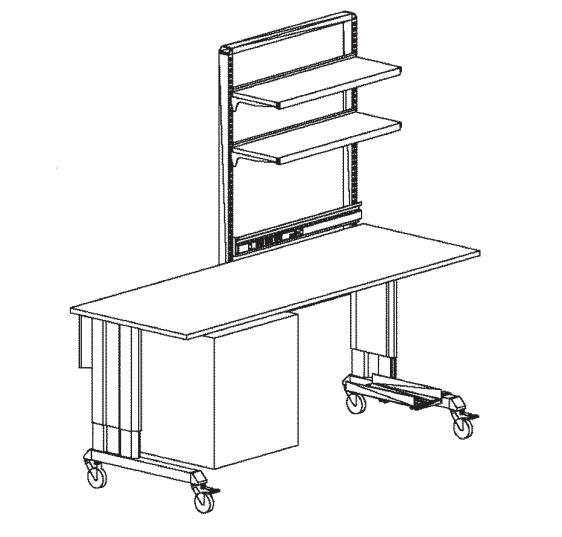 Sample Configurations - Mobile Concept Table with countertop,suspended cabinet, shelves, brackets,lower CPU holder and power rail