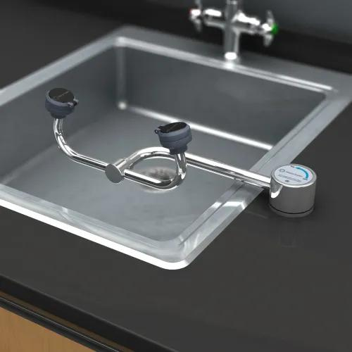 Low Profile Eyewash - Eyewash mounts on counter next to a sink.